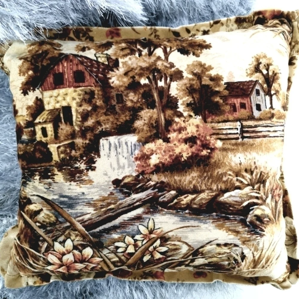 Velvetty Vtg Farm Fall Scene Square Throw Pillow